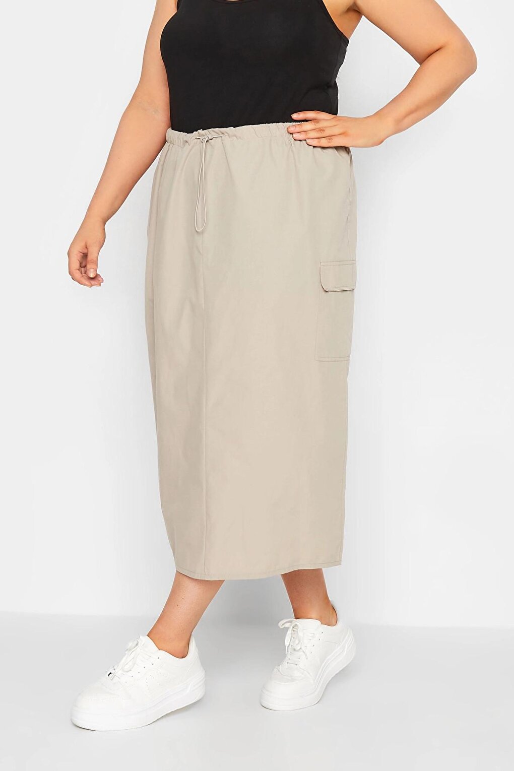 Plus Size Midi Length Gathered Waist Cargo Skirt with Back Slit 302038