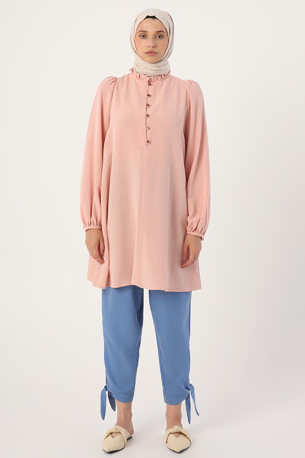 Powder Collar Ruffled Linen Tunic