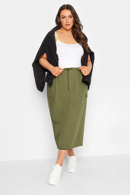 Plus Size Midi Length Gathered Waist Cargo Skirt with Back Slit 302037