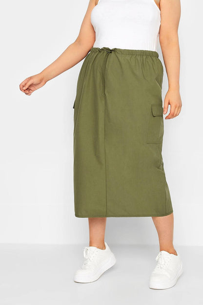 Plus Size Midi Length Gathered Waist Cargo Skirt with Back Slit 302037