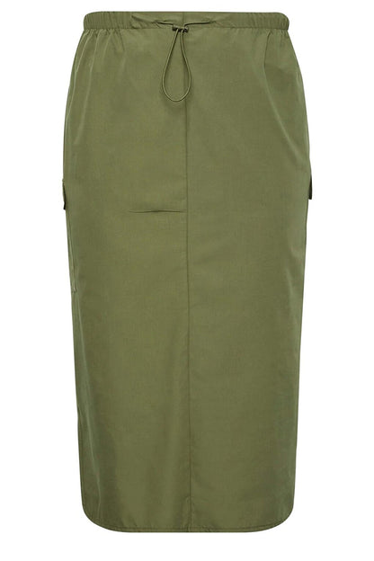 Plus Size Midi Length Gathered Waist Cargo Skirt with Back Slit 302037