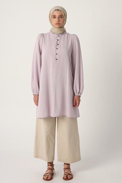 Lilac Side Ruffled Linen Tunic