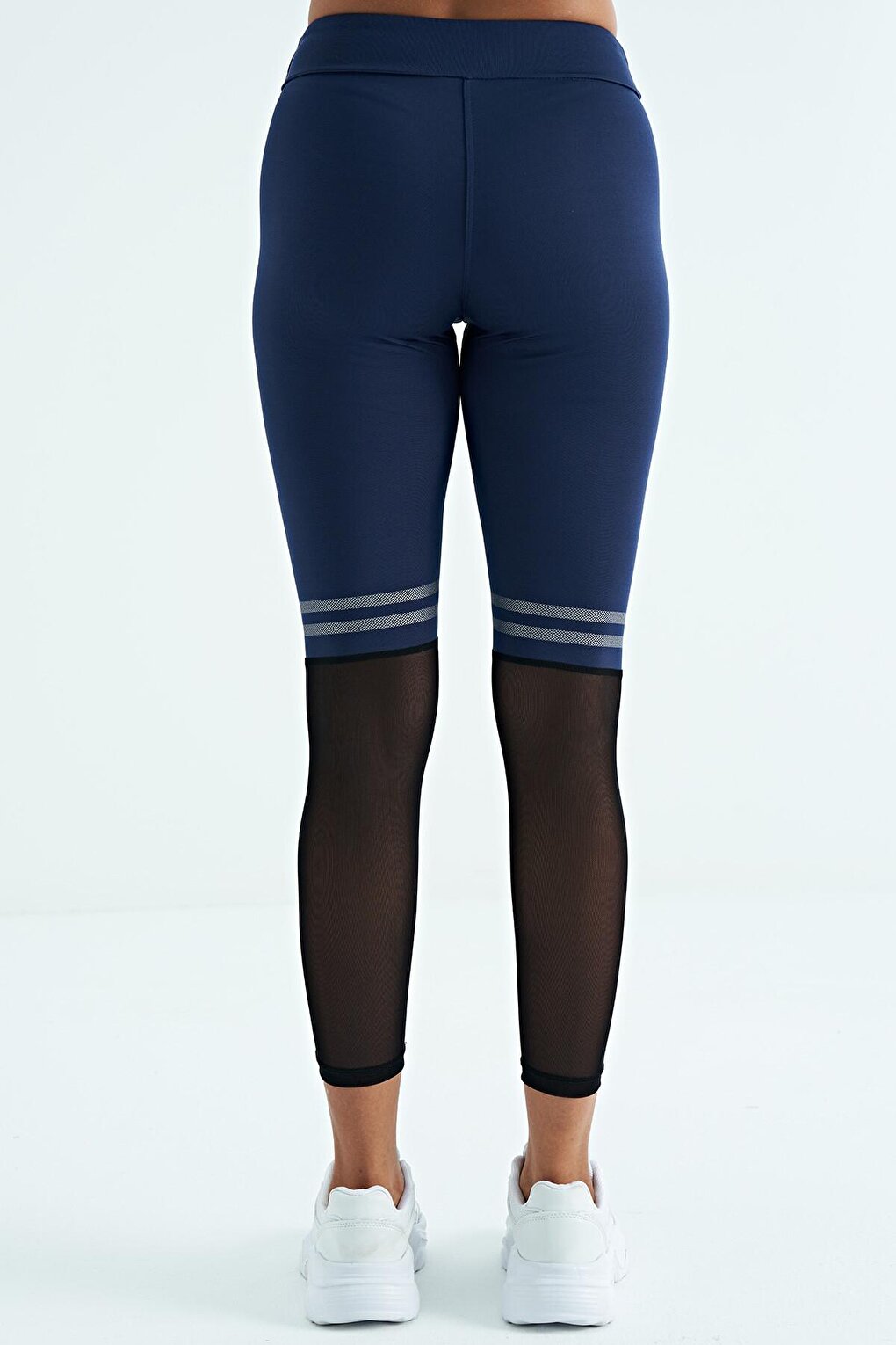 Indigo Color Block Mesh High Waist Slim Fit Diving Fabric Women's Tights - 94632