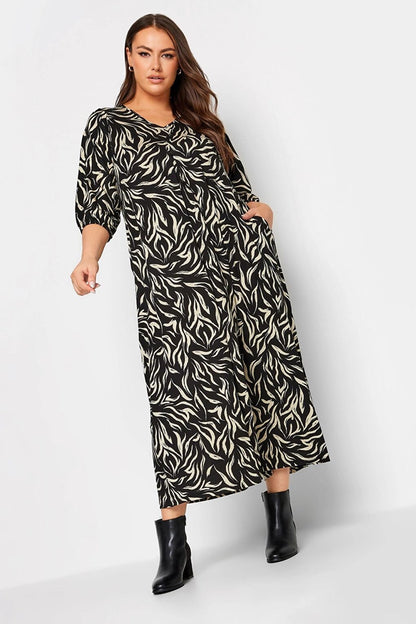 Large Size V-Neck Pocketed Zebra Patterned Low Sleeve Midi Dress 137595