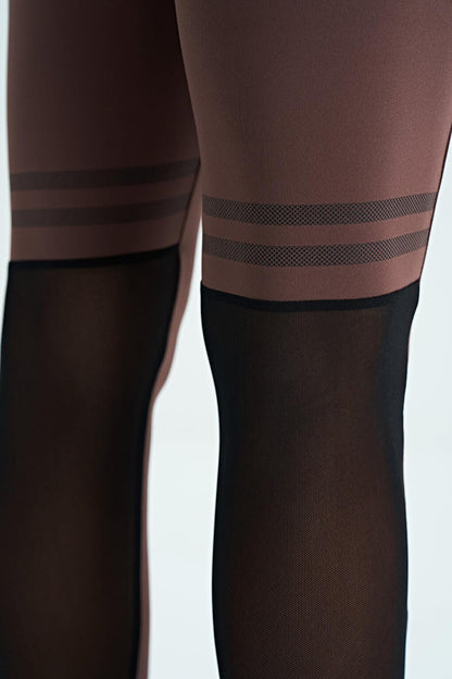 Brown Color Block Mesh High Waist Slim Fit Diving Fabric Women's Tights - 94632