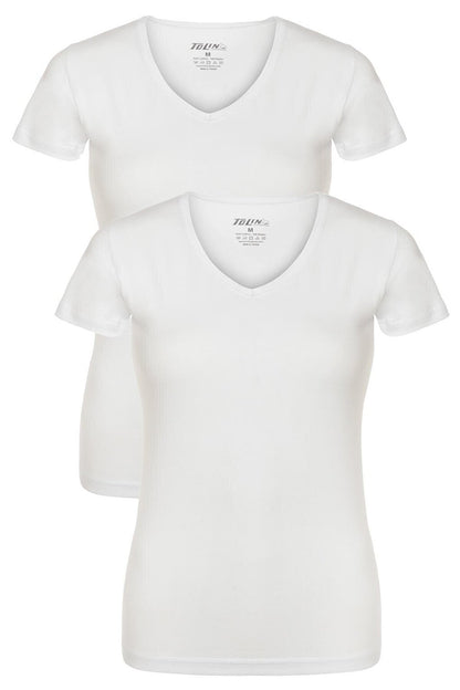 V-neck Short Sleeve Women's Cotton Lycra White Undershirt 2-pack 3227B