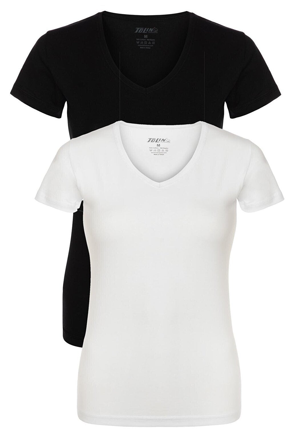 V-neck Short Sleeve Women's Cotton Lycra Black and White Undershirt 2-pack 3227B