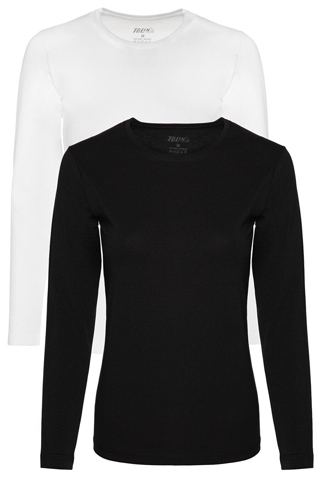 Crew Neck Long Sleeve Women's Cotton Lycra Black and White Undershirt 2-pack 6217SB