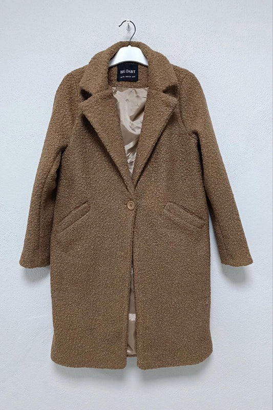 Light Brown Single Button Lined Pocket Boucle Cashew Coat