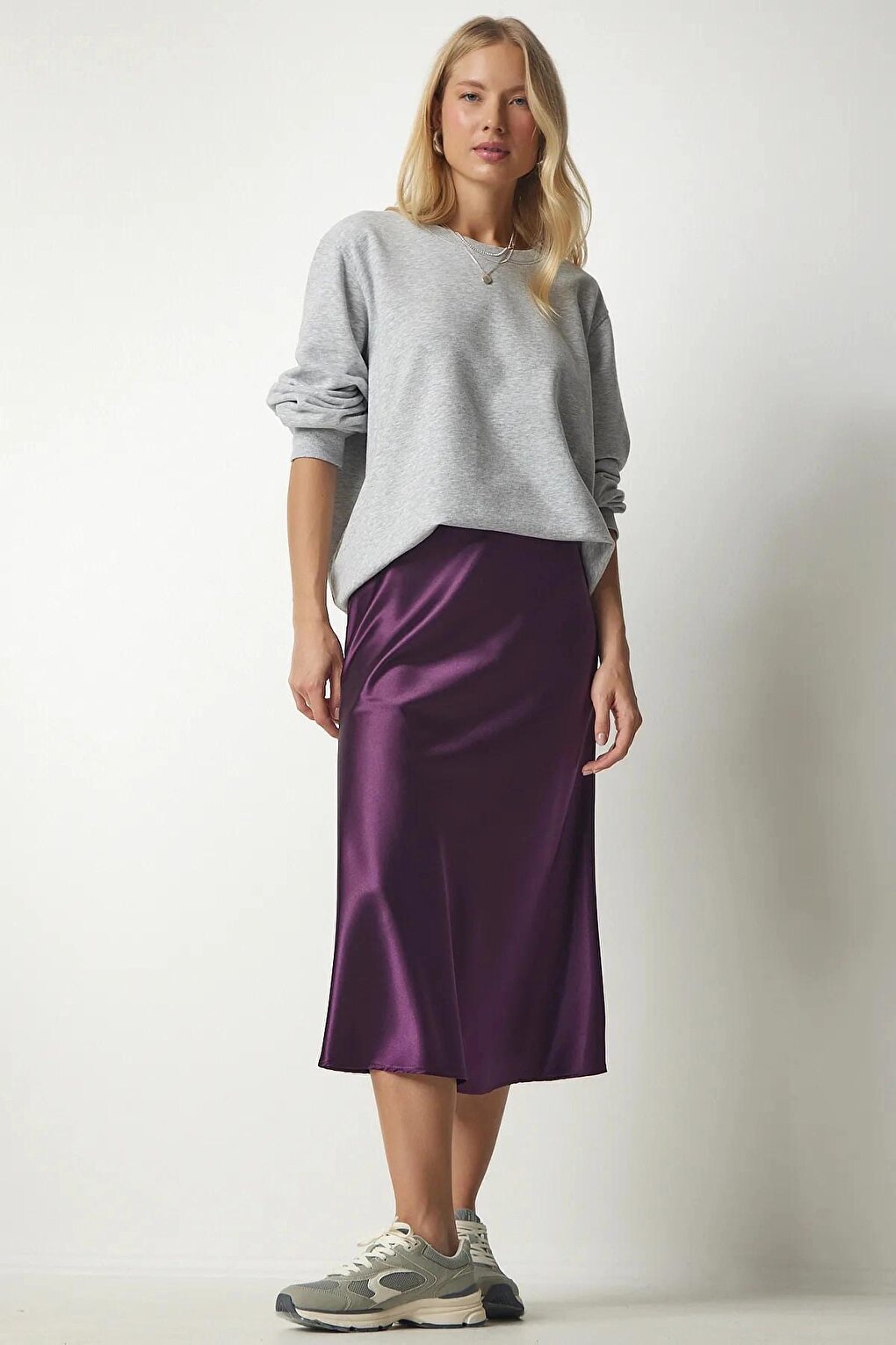 Purple Ankle Length Satin Skirt