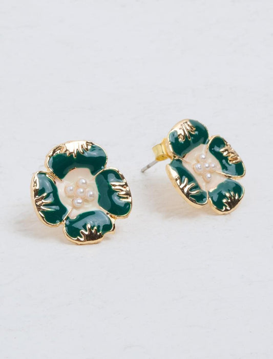 Vintage Earrings with Dark Green Flower Figures