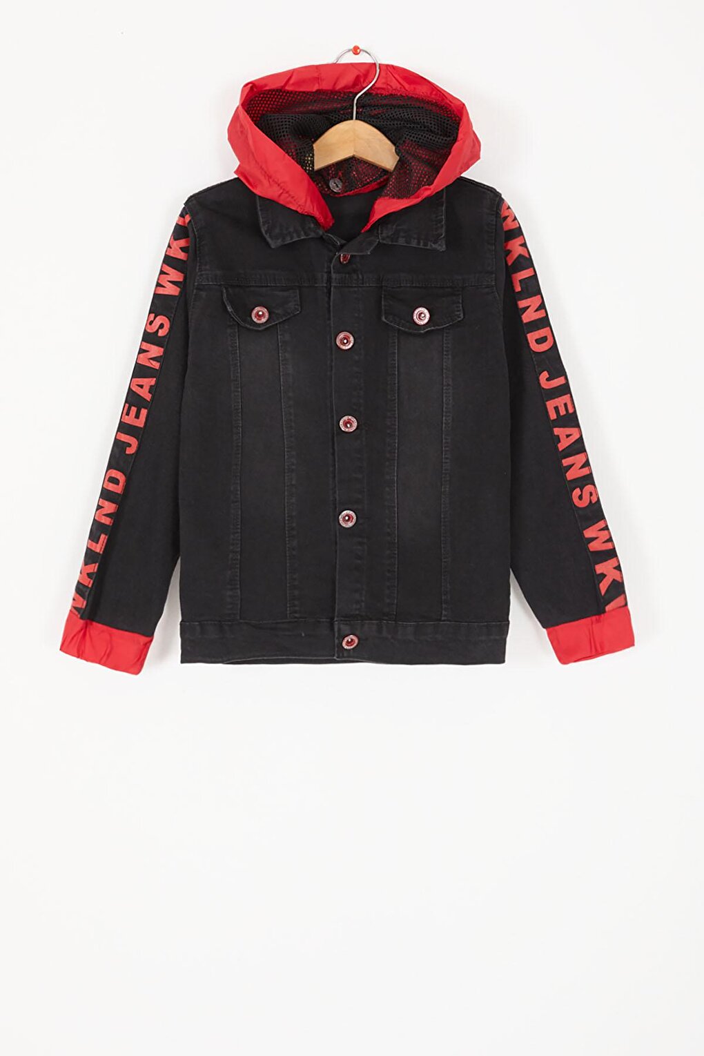 Black Hooded Boy Jean Jacket with Lettering on the Sleeves 16813