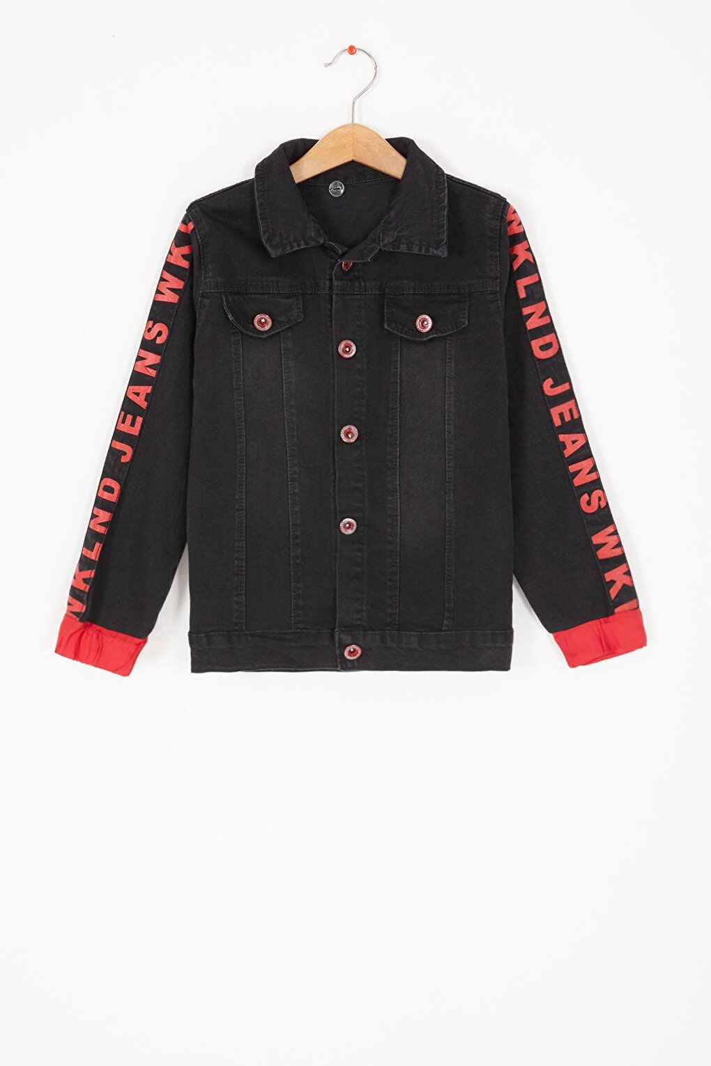 Black Hooded Boy Jean Jacket with Lettering on the Sleeves 16813