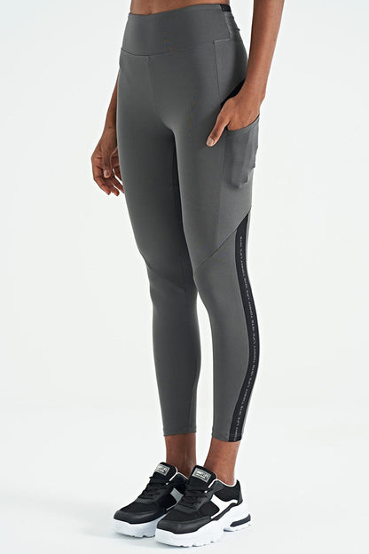 Dark Gray Front Back Stripe Detailed Hidden Pocket High Waist Slim Fit Women's Leggings - 94630