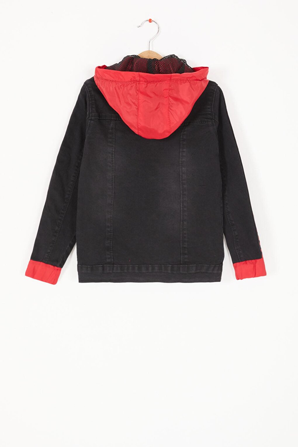 Black Hooded Boy Jean Jacket with Lettering on the Sleeves 16813