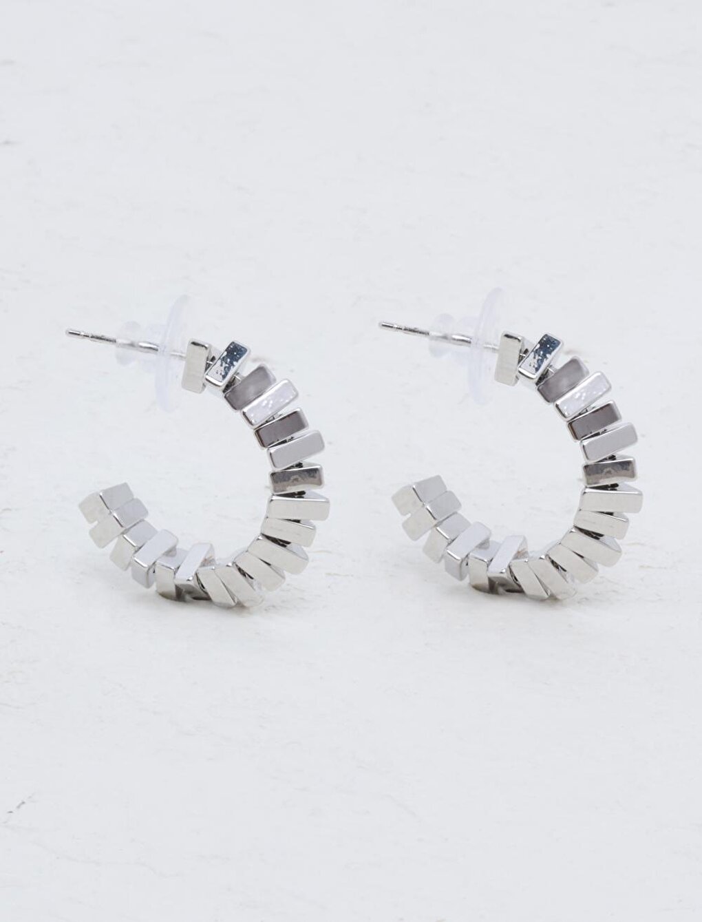 Silver Geometric Figured Half Hoop Earrings