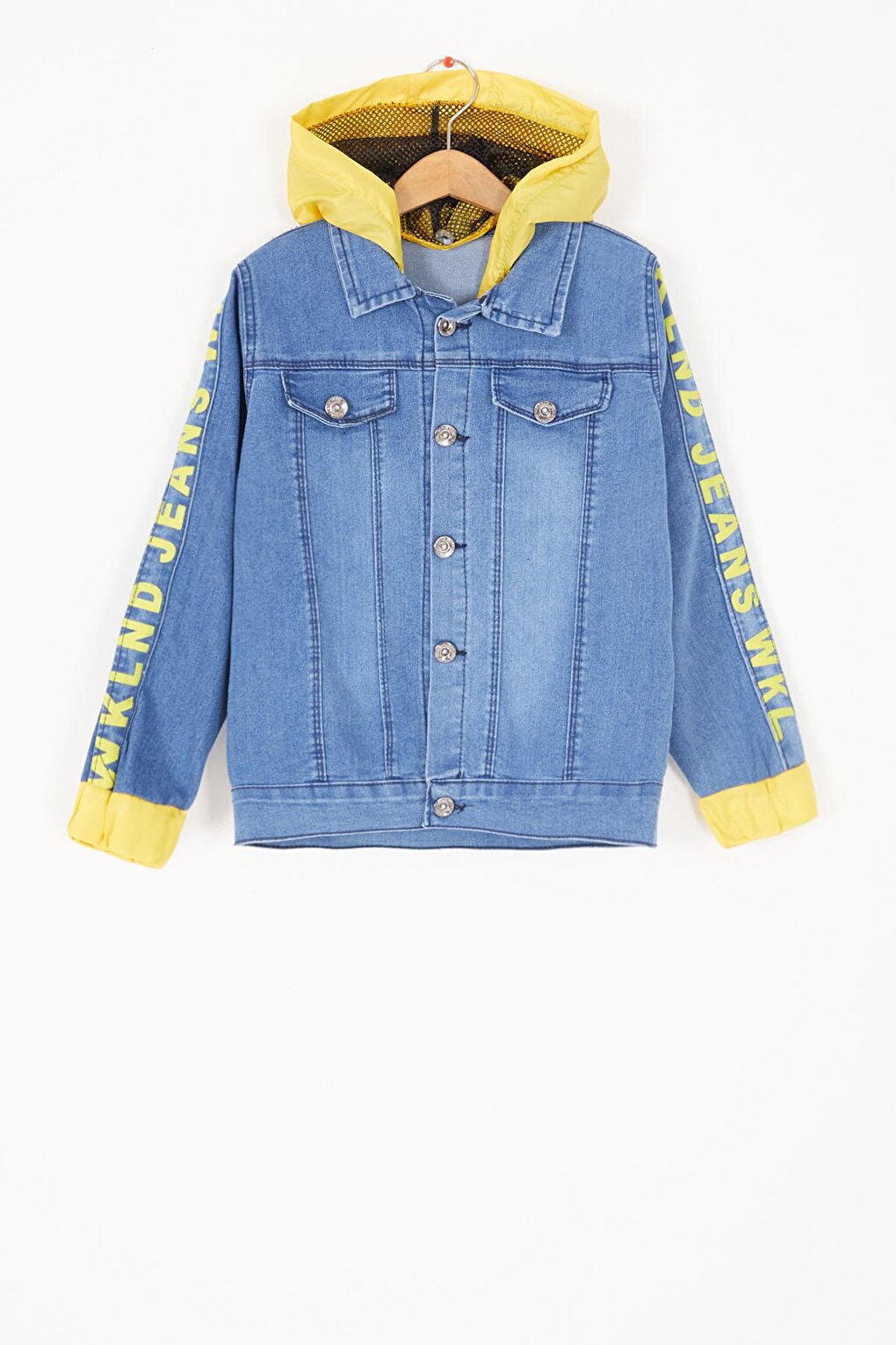 Blue Hooded Boy Jean Jacket with Lettering on the Sleeves 16815