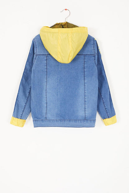 Blue Hooded Boy Jean Jacket with Lettering on the Sleeves 16815