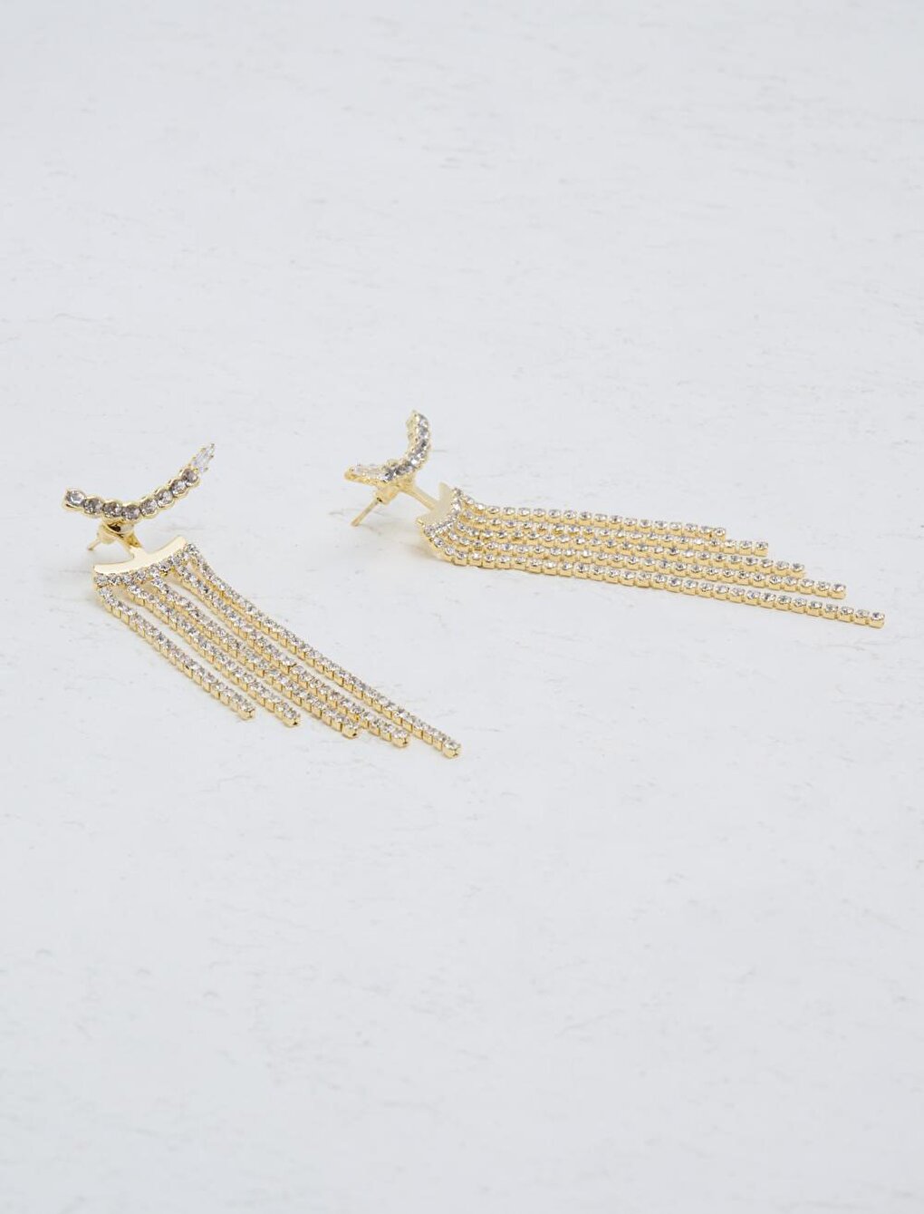 Gold Shiny Stone Tassel Detailed Earrings