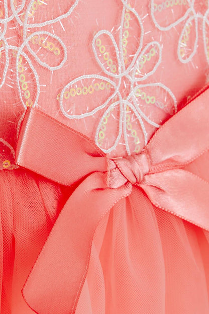 Girl's Dress Floral Embroidered Bow Tulle Salmon (3-8 Years)