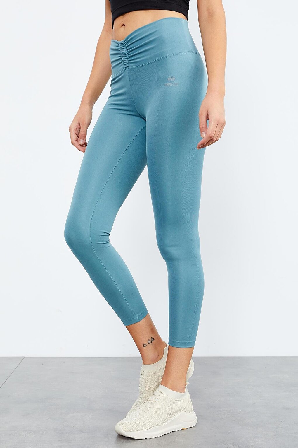 Mint Green Gathered Waist High Waist Stretch Slim Fit Women's Leggings - 94605