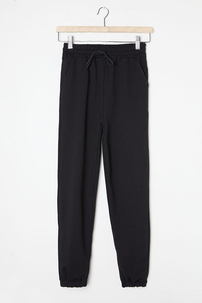 Black Basic Girls' Sweatpants with Elastic Waist and Hem 16248