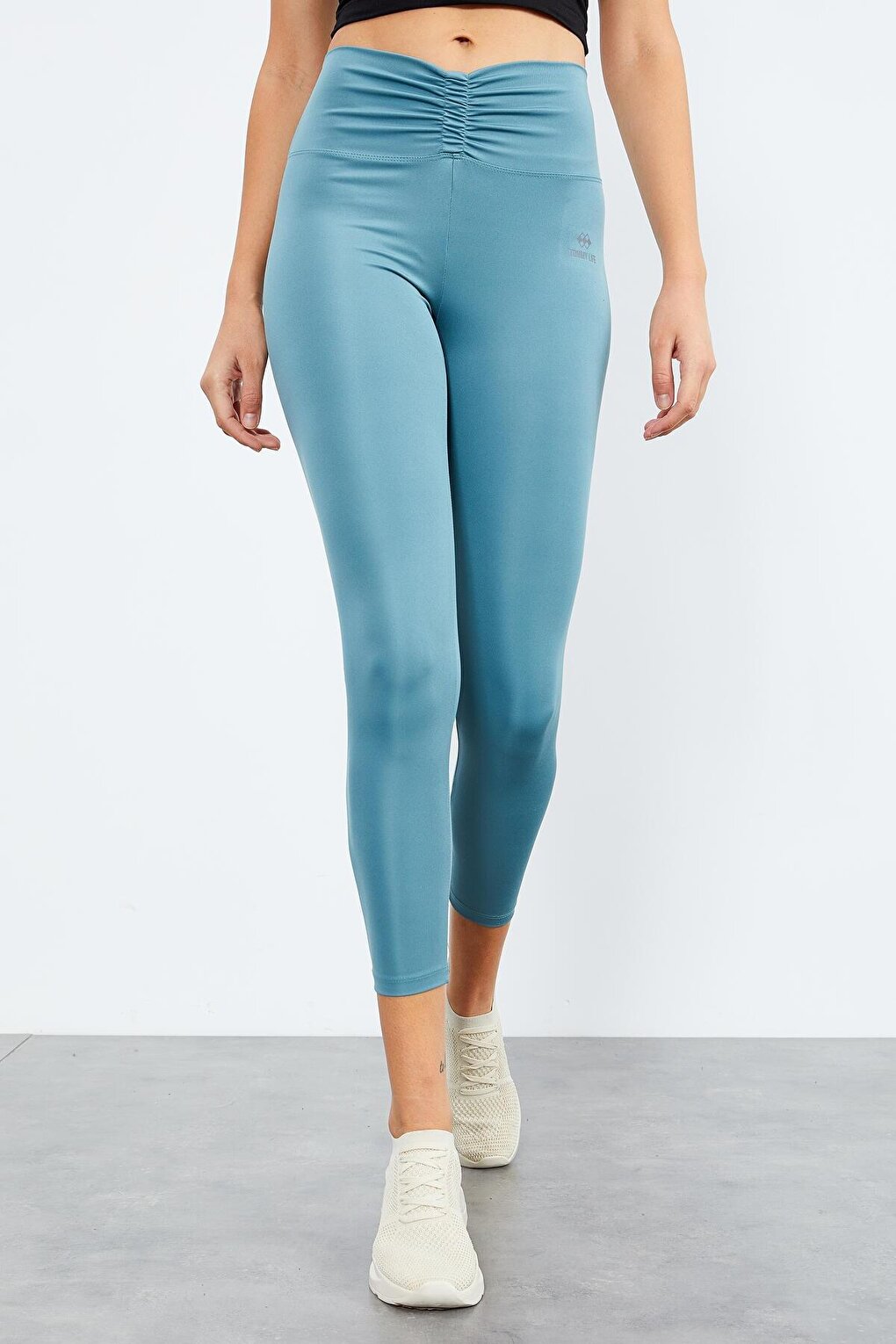 Mint Green Gathered Waist High Waist Stretch Slim Fit Women's Leggings - 94605