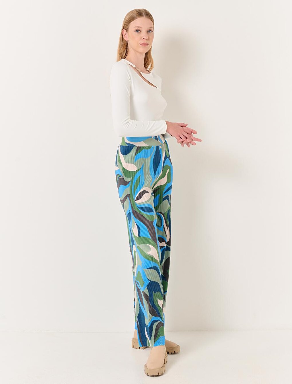 Mixed High Waist Wide Leg Abstract Patterned Trousers