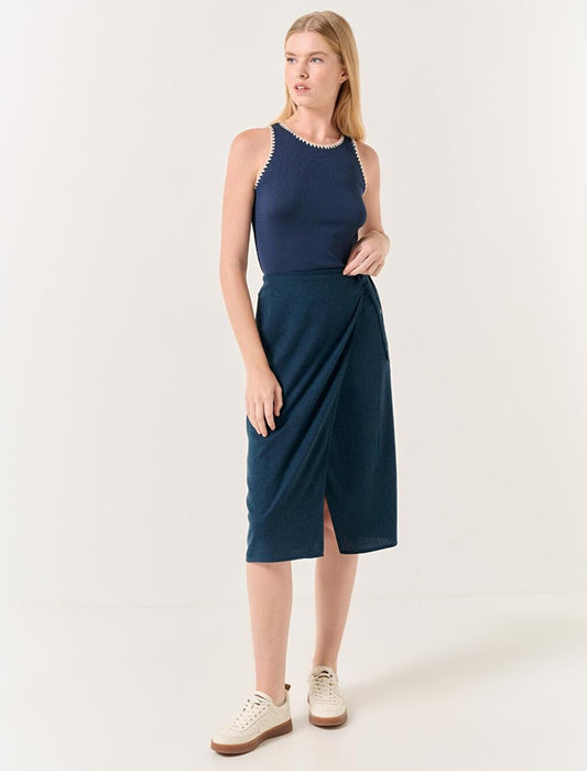 Navy Blue Normal Waist Slit Midi Linen Skirt