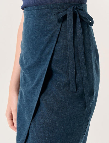 Navy Blue Normal Waist Slit Midi Linen Skirt