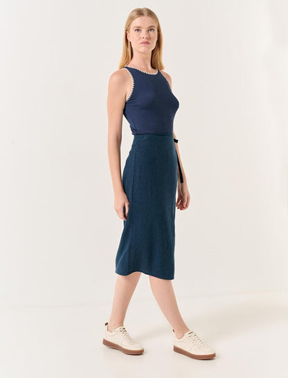 Navy Blue Normal Waist Slit Midi Linen Skirt