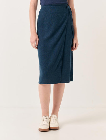 Navy Blue Normal Waist Slit Midi Linen Skirt