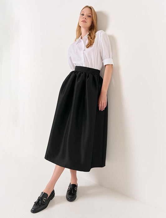 Black Normal Waist Stylish Midi Flared Skirt