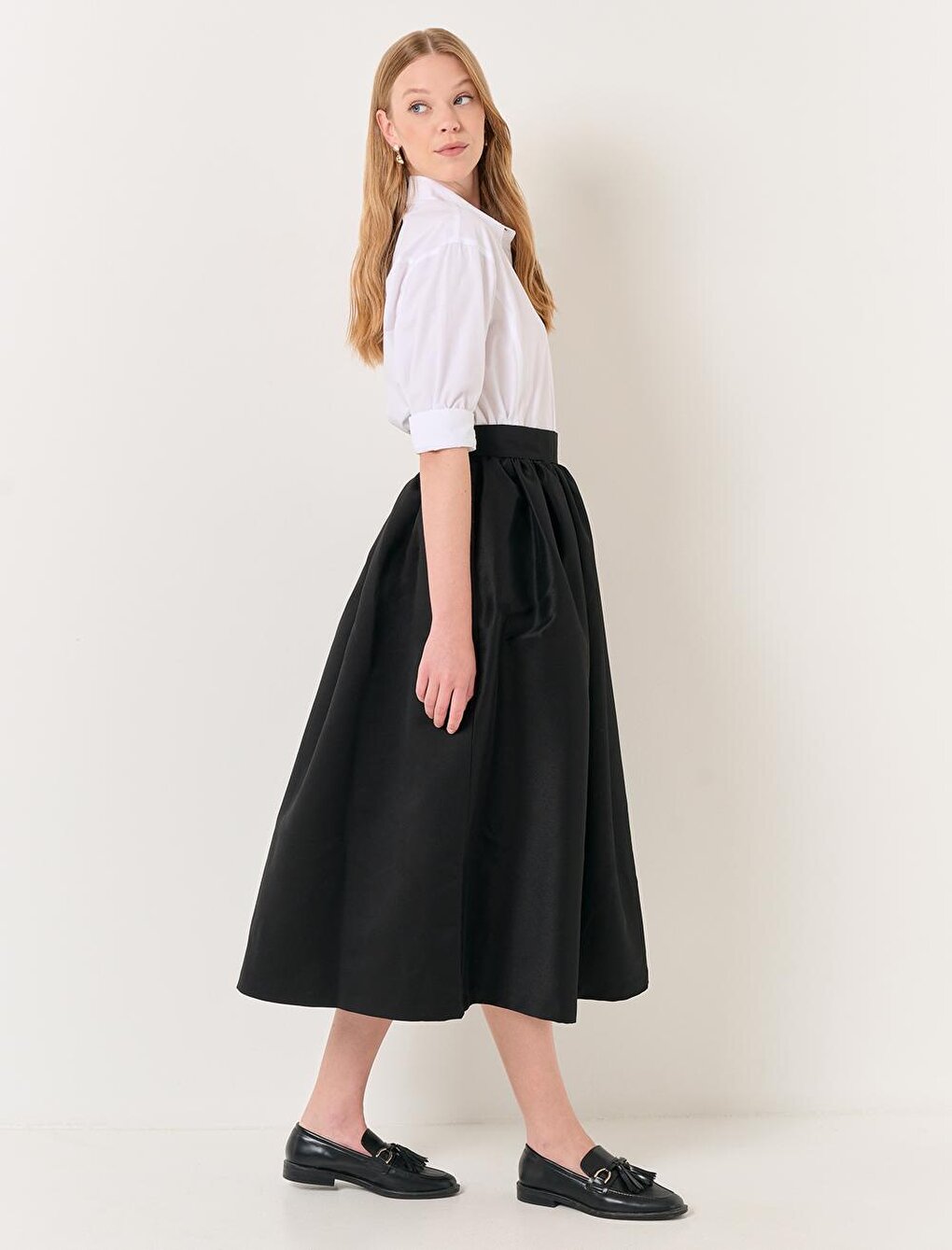 Black Normal Waist Stylish Midi Flared Skirt