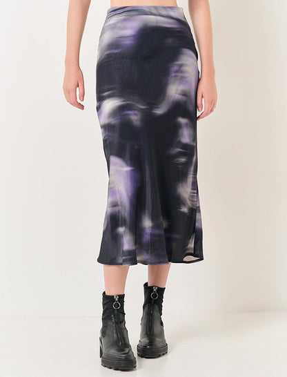 Black High Waist Patterned Satin Midi Skirt