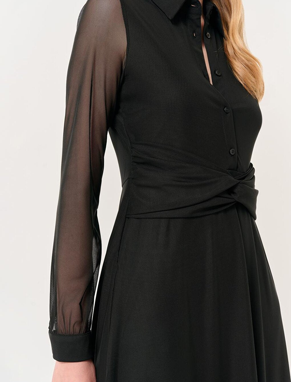 Black Polo Neck Long Sleeve Stylish Midi Mesh Dress