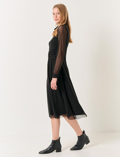 Black Polo Neck Long Sleeve Stylish Midi Mesh Dress