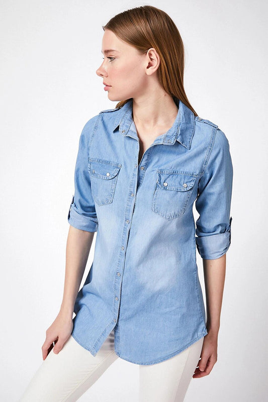 Blue Pocket Snap Button Jean Shirt