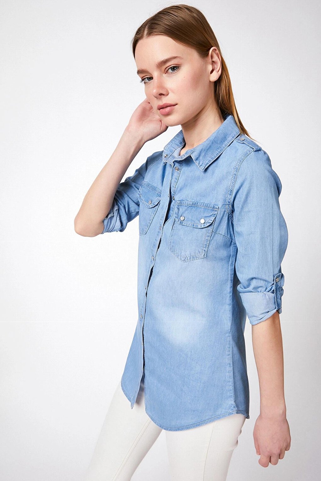 Blue Pocket Snap Button Jean Shirt