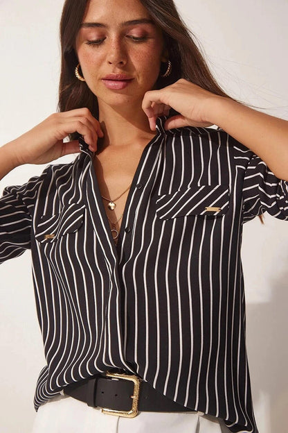 Black Collar Epaulette Striped Shirt