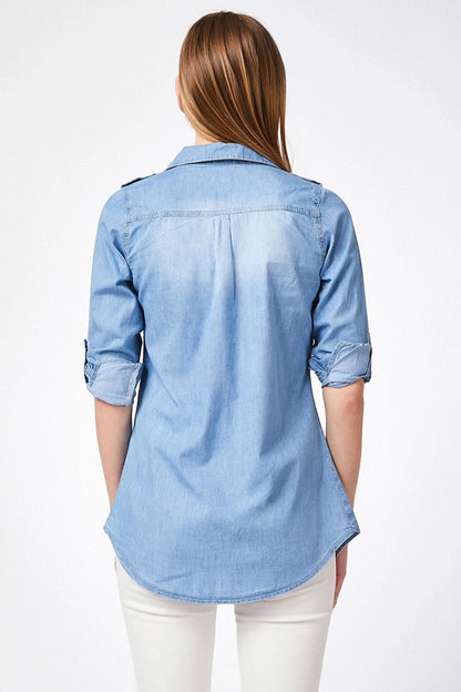 Blue Pocket Snap Button Jean Shirt