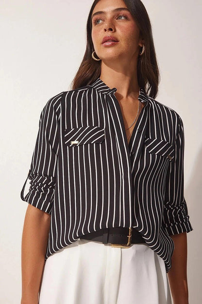 Black Collar Epaulette Striped Shirt