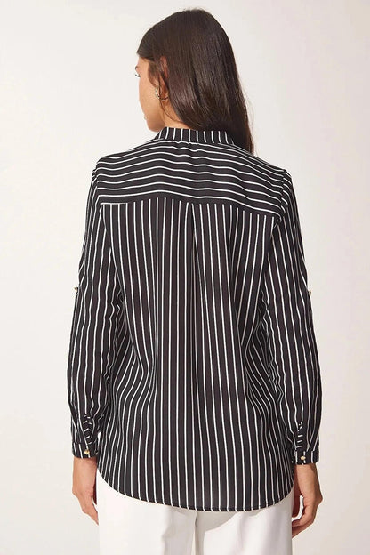 Black Collar Epaulette Striped Shirt