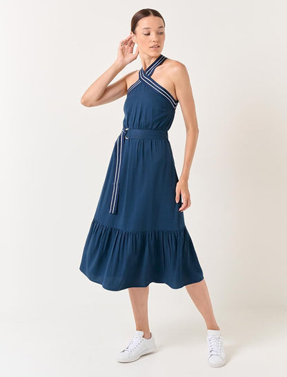 Navy Blue Cross Collar Belted Midi Dress