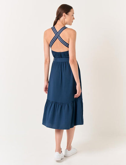 Navy Blue Cross Collar Belted Midi Dress