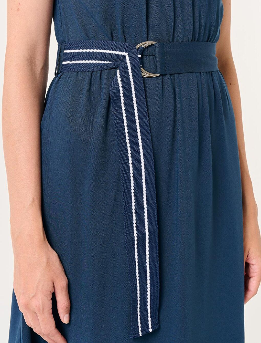 Navy Blue Cross Collar Belted Midi Dress