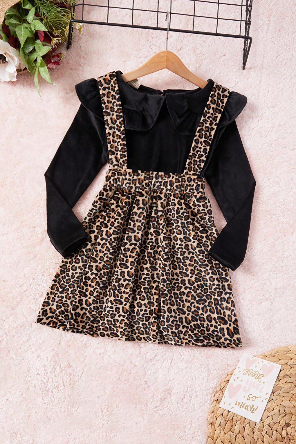 Leopard Patterned Flounce Children's Velvet Salopet Dress 16908