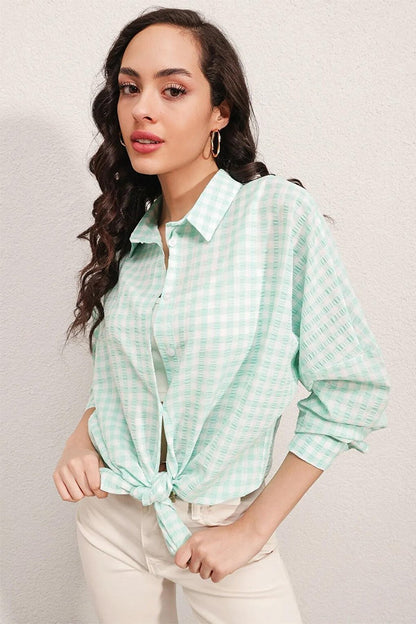 Women's Light Green Checkered Oversize Shirt HZL22W-BD1201451