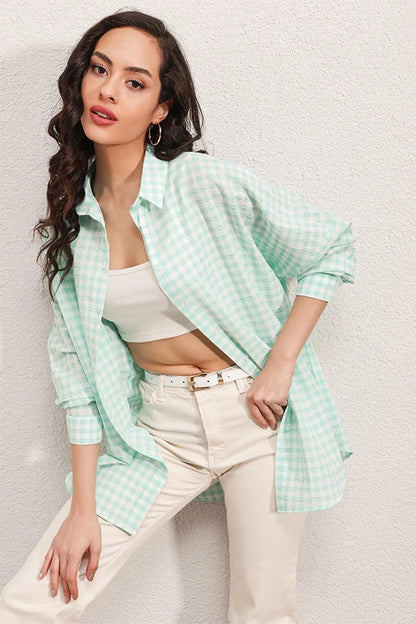 Women's Light Green Checkered Oversize Shirt HZL22W-BD1201451