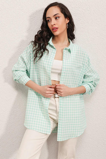 Women's Light Green Checkered Oversize Shirt HZL22W-BD1201451